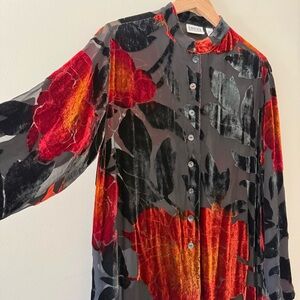 SOLD - 90s CHICO’S DESIGN Black and Orange Red Sheer Velour Floral Blouse